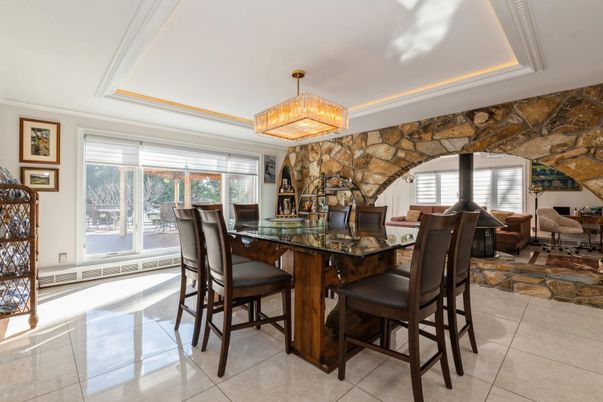 Chandelier, Dining room, Interior, Stone Walls