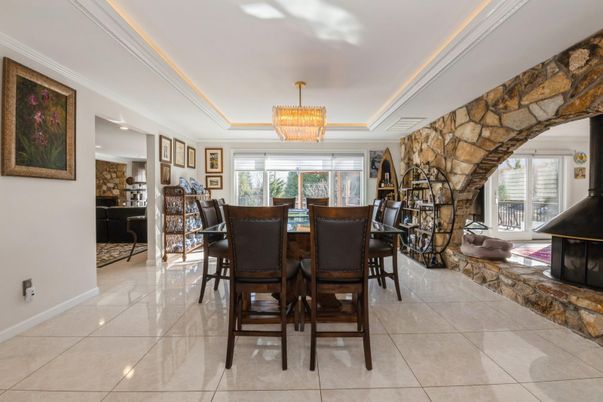 Chandelier, Dining room, Interior, Stone Walls