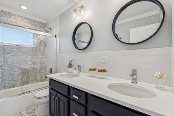 Bathroom, Dual Sink Vanities, Glass Shower, Interior, Recessed Lighting