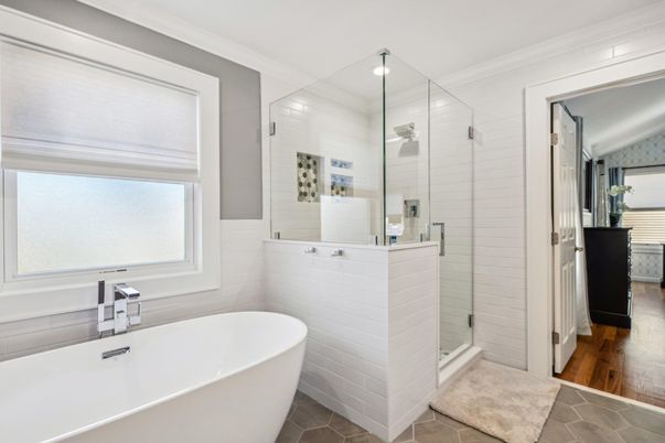 Bathroom, Free Standing Baths, Glass Shower, Interior, Wood Texture Flooring