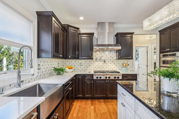Chandelier, Interior, Kitchen, Recessed Lighting, Stainless Steel Appliances, Wood Texture Flooring