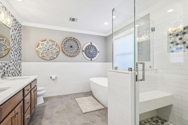 Bathroom, Dual Sink Vanities, Free Standing Baths, Glass Shower, Interior, Recessed Lighting