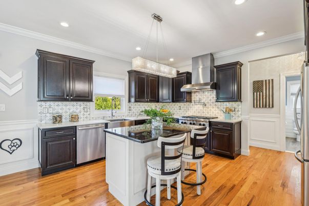 Interior, Kitchen, Pendant Lights, Recessed Lighting, Stainless Steel Appliances, Wood Texture Flooring