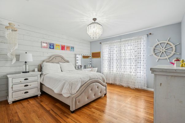 Bedroom, Chandelier, Interior, Wood Texture Flooring