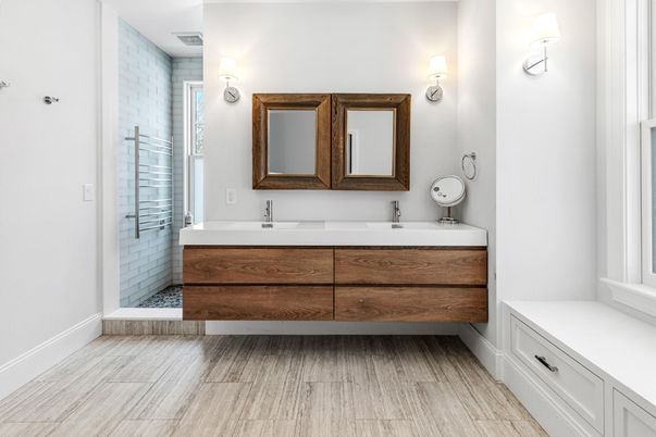 Bathroom, Dual Sink Vanities, Interior, Wood Texture Flooring