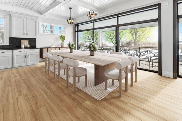 Dining room, Interior, Kitchen, Pendant Lights, Wood Texture Flooring