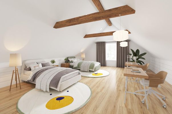 Bedroom, Interior, Pendant Lights, Wooden Beams, Wood Texture Flooring