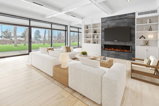 Fireplace, Interior, Living room, Recessed Lighting, Wood Texture Flooring