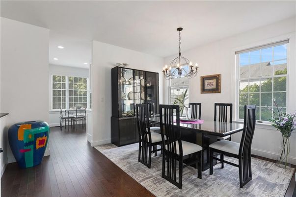 Chandelier, Dining room, Interior, Recessed Lighting, Wood Texture Flooring