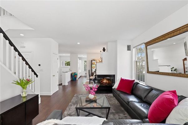 Fireplace, Interior, Living room, Pendant Lights, Recessed Lighting, Wood Texture Flooring