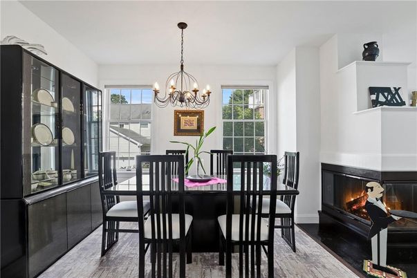 Chandelier, Dining room, Fireplace, Interior, Wood Texture Flooring