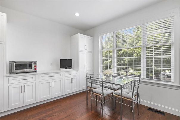 Dining room, Interior, Recessed Lighting, Wood Texture Flooring