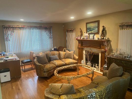 Fireplace, Interior, Living room, Recessed Lighting, Wood Texture Flooring