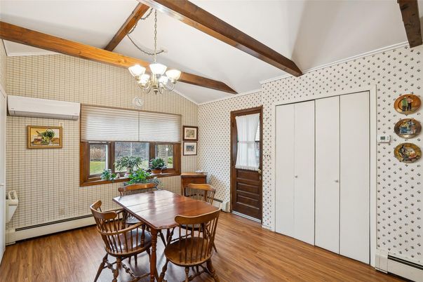 Chandelier, Dining room, Interior, Wooden Beams, Wood Texture Flooring
