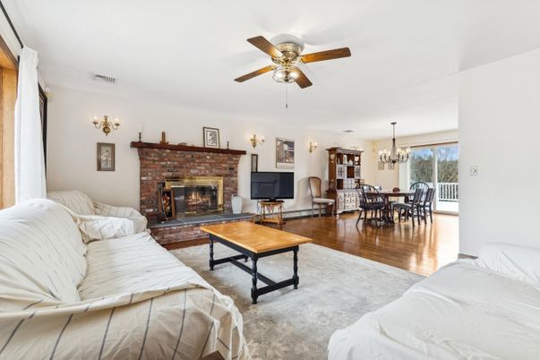 Chandelier, Dining room, Fireplace, Interior, Living room, Wood Texture Flooring