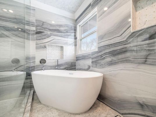 Bathroom, Free Standing Baths, Glass Shower, Interior, Marble Walls, Recessed Lighting