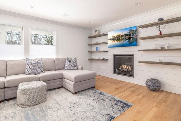 Fireplace, Interior, Living room, Recessed Lighting, Wood Texture Flooring