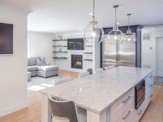 Fireplace, Interior, Kitchen, Living room, Pendant Lights, Recessed Lighting, Stainless Steel Appliances, Wood Texture Flooring