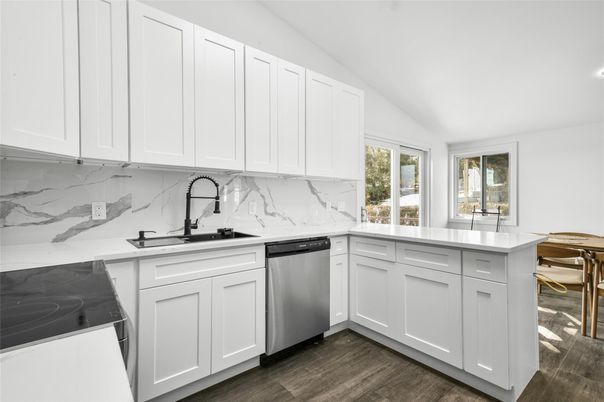 Interior, Kitchen, Marble Walls, Stainless Steel Appliances, Wood Texture Flooring