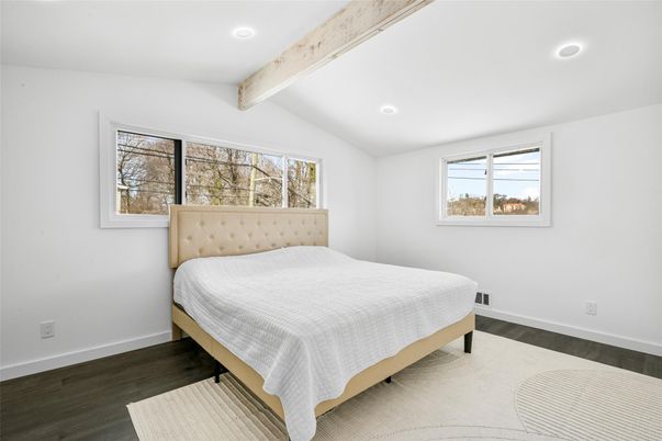 Bedroom, Interior, Recessed Lighting, Wooden Beams, Wood Texture Flooring