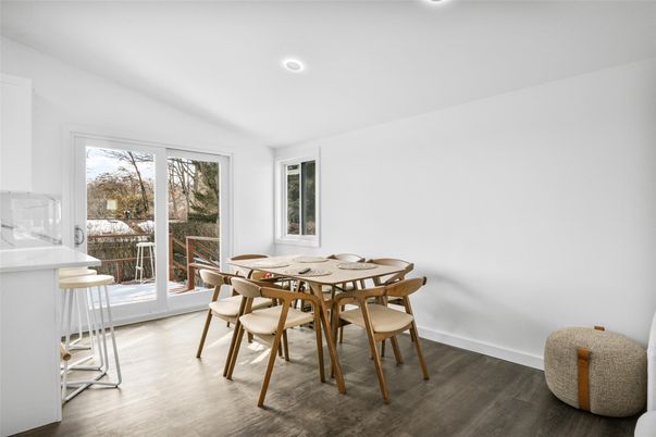 Dining room, Interior, Recessed Lighting, Wood Texture Flooring