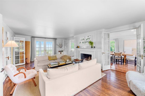 Dining room, Fireplace, Interior, Living room, Wood Texture Flooring