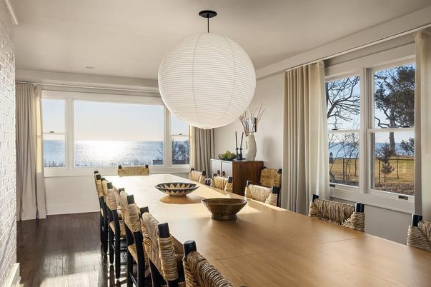 Dining room, Interior, Pendant Lights, Water, Wood Texture Flooring