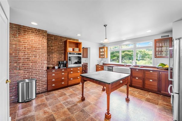 Interior, Kitchen, Pendant Lights, Recessed Lighting, Stainless Steel Appliances, Stone Walls