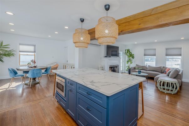 Dining room, Fireplace, Interior, Kitchen, Living room, Pendant Lights, Recessed Lighting, Wooden Beams, Wood Texture Flooring