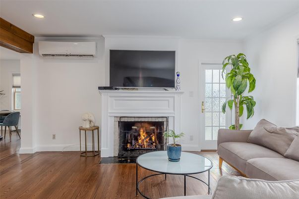 Fireplace, Interior, Living room, Recessed Lighting, Wood Texture Flooring