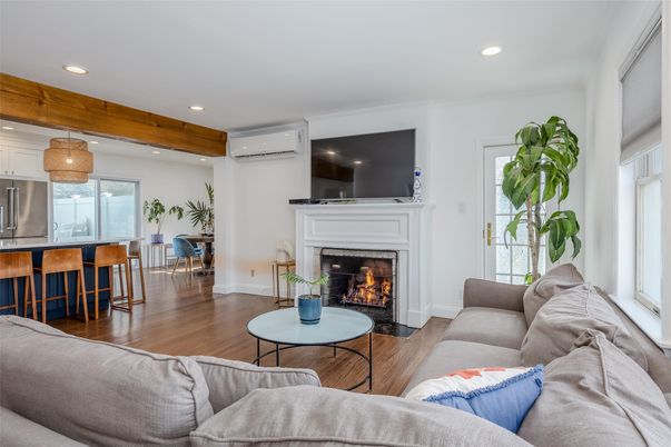 Dining room, Fireplace, Interior, Kitchen, Living room, Pendant Lights, Recessed Lighting, Wood Texture Flooring