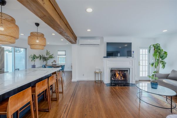 Fireplace, Interior, Kitchen, Living room, Pendant Lights, Recessed Lighting, Wooden Beams, Wood Texture Flooring