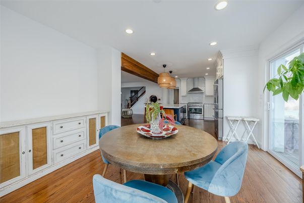 Dining room, Interior, Kitchen, Recessed Lighting, Stainless Steel Appliances, Wood Texture Flooring
