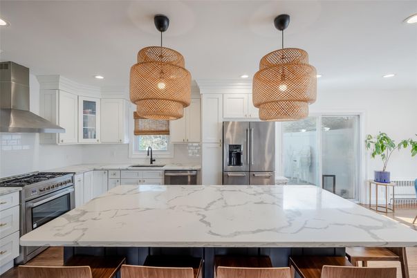Interior, Kitchen, Pendant Lights, Recessed Lighting, Stainless Steel Appliances, Wood Texture Flooring