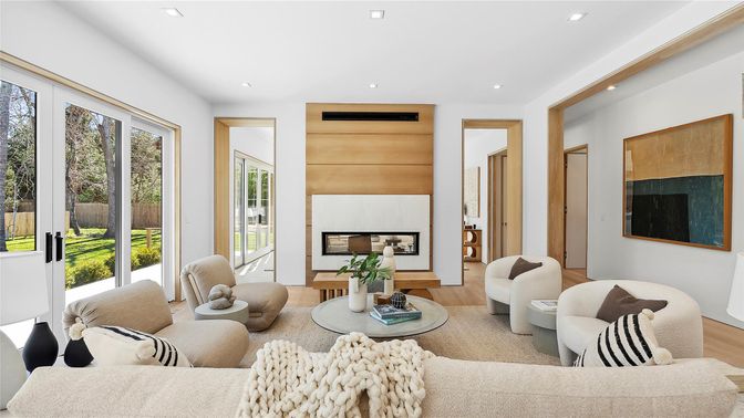 Fireplace, Interior, Living room, Recessed Lighting, Wood Texture Flooring