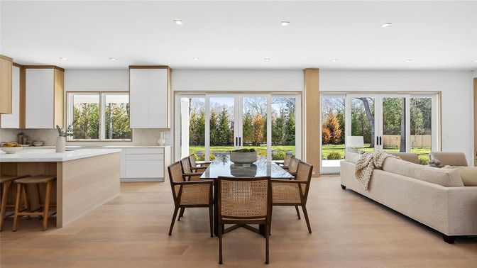 Dining room, Interior, Kitchen, Living room, Recessed Lighting, Wood Texture Flooring
