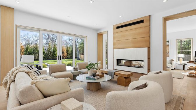 Fireplace, Interior, Living room, Recessed Lighting, Wood Texture Flooring