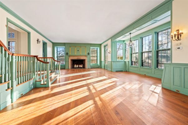 Chandelier, Empty room, Fireplace, Interior, Wood Texture Flooring