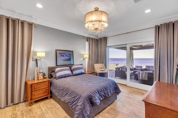 Bedroom, Chandelier, Interior, Recessed Lighting, Water, Wood Texture Flooring