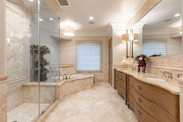 Bathroom, Dual Sink Vanities, Glass Shower, Interior, Recessed Lighting