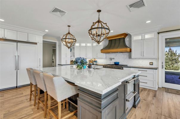Chandelier, Interior, Kitchen, Recessed Lighting, Stainless Steel Appliances, Wood Texture Flooring