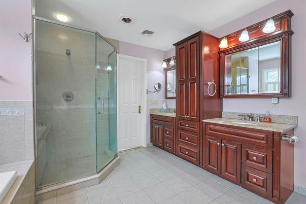 Bathroom, Dual Sink Vanities, Glass Shower, Interior, Recessed Lighting