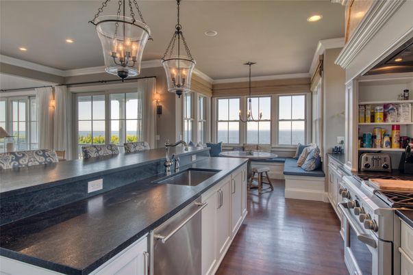 Interior, Kitchen, Pendant Lights, Recessed Lighting, Stainless Steel Appliances, Water, Wood Texture Flooring