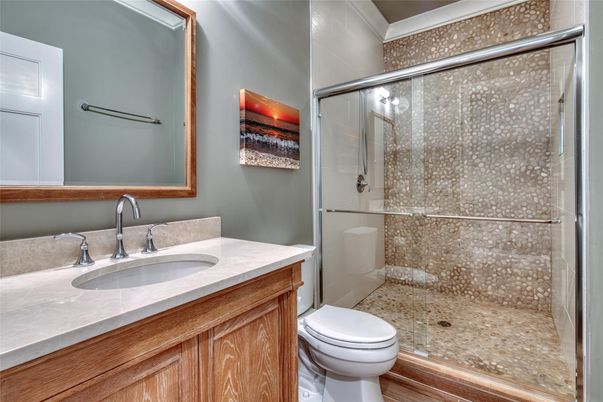 Bathroom, Glass Shower, Interior, Wood Texture Flooring