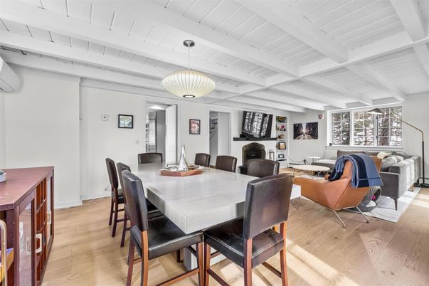Dining room, Fireplace, Interior, Living room, Pendant Lights, Wood Texture Flooring