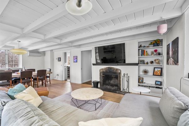 Dining room, Fireplace, Interior, Living room, Pendant Lights, Wood Texture Flooring