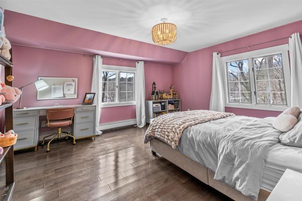 Bedroom, Chandelier, Home Office, Interior, Wood Texture Flooring