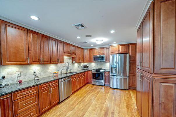 Interior, Kitchen, Recessed Lighting, Stainless Steel Appliances, Wood Texture Flooring