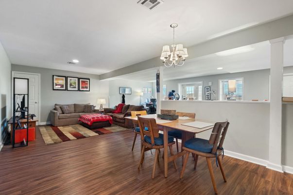 Chandelier, Dining room, Interior, Living room, Recessed Lighting, Wood Texture Flooring