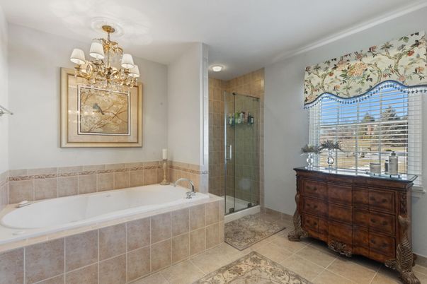 Bathroom, Chandelier, Glass Shower, Interior, Recessed Lighting